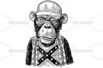 Monkey redneck smokes cigarette in trucker cap, checkered shirt, t-shirt with the flag of the Confederate.