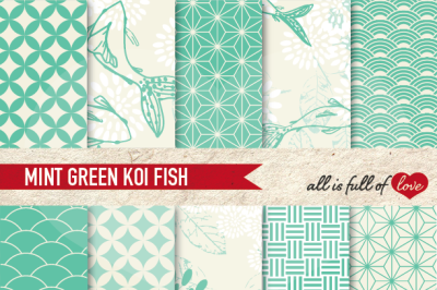 Mint Green Patterns Koi Fish Background Set