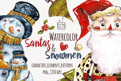 Watercolor Santas and Snowmen