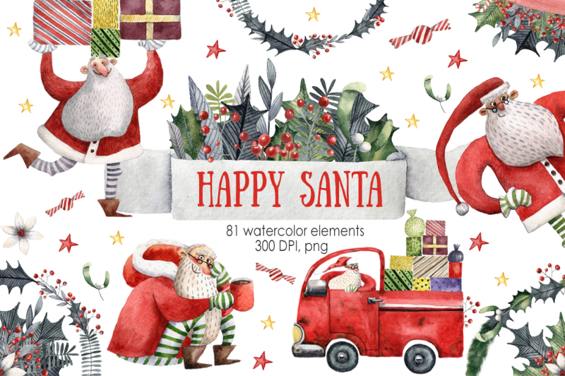 happy-santa-watercolor-clip-art-set