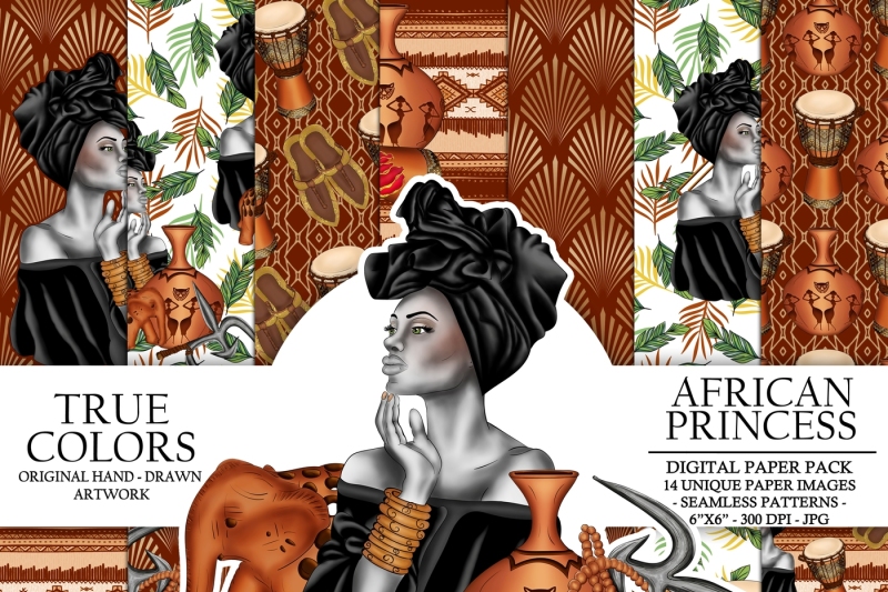 african-princess-digital-paper-pack-beautiful-black-fashion-illustration-planner-stickers-supplies-seamless-brown-gold-watercolor-background