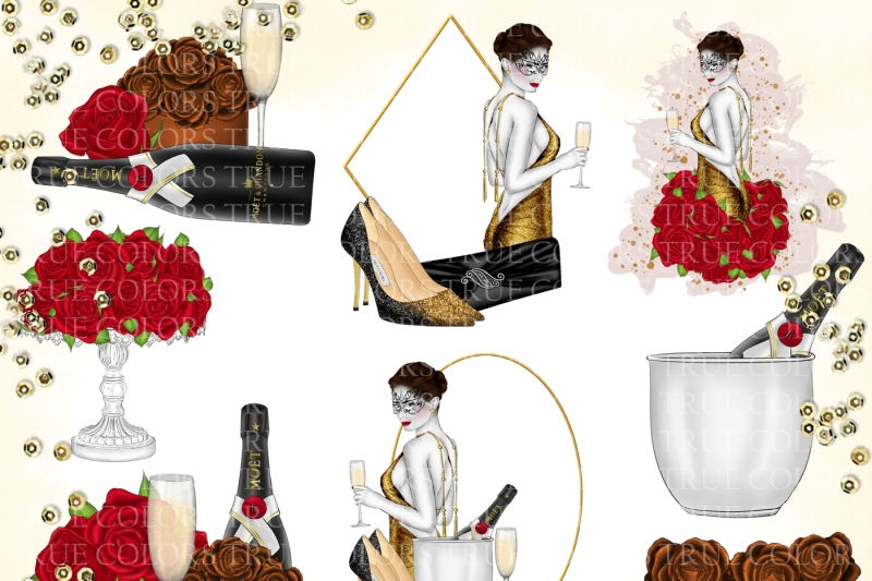 the-belle-of-the-ball-clip-art-ball-girl-fashion-illustration-planner-stickers-supplies-watercolor-champagne-red-rose-mask-red-sticker-diy