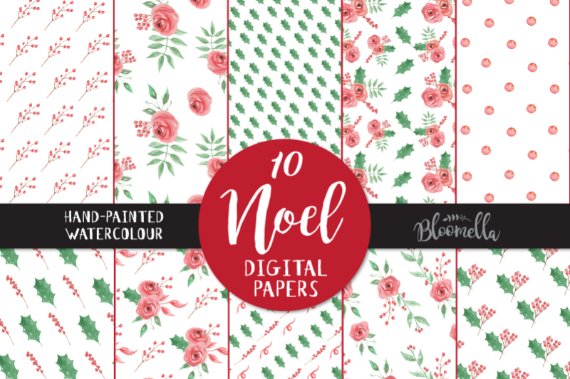 noel-watercolour-floral-holly-digital-papers-christmas-holidays-festive-pretty-flower-seamless-patterns