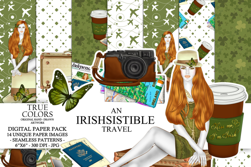 st-patricks-day-digital-paper-pack-travel-girl-fashion-illustration-planner-stickers-supplies-seamless-irish-mint-watercolor-background