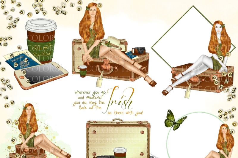 st-patricks-day-clip-art-travel-girl-fashion-illustration-planner-stickers-supplies-irish-green-watercolor-suitcase-camera-map-sticker-diy