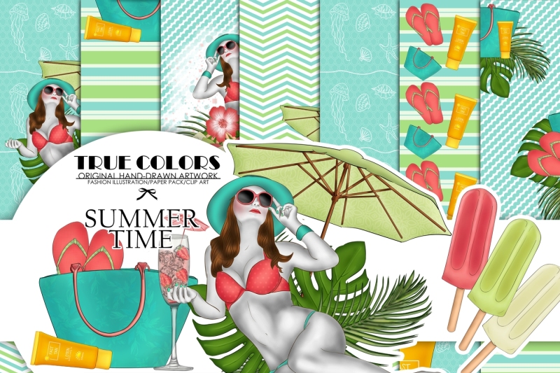 summer-time-digital-paper-pack-fashion-illustration-planner-sticker-supplies-seamless-blue-pink-green-watercolor-background-ocean-tropical