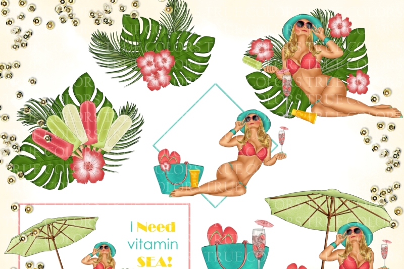 summer-time-clipart-tropical-woman-fashion-illustration-planner-stickers-supplies-beach-palm-handbag-champagne-pillows-icecream-sticker-diy