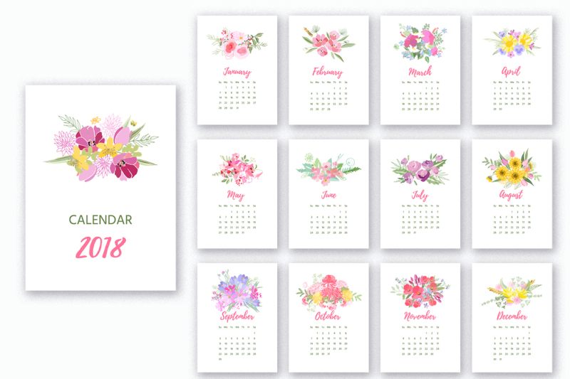 printable-2018-calendar-with-pretty-colorful-flowers-vector-illustration-version-2