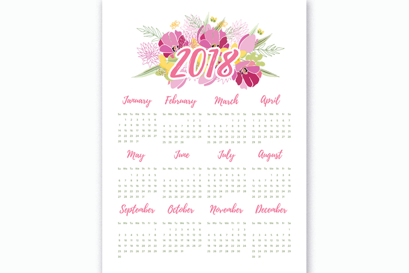 printable-2018-calendar-with-pretty-colorful-flowers-vector-illustration-version-2