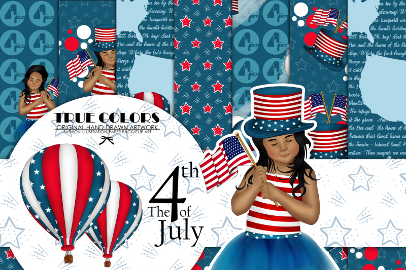 independence-day-paper-pack-fashion-illustration-planner-sticker-supplies-seamless-navy-blue-red-watercolor-background-girl-american-map