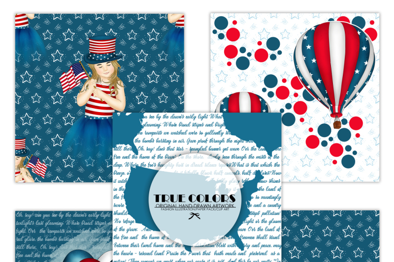 independence-day-paper-pack-fashion-illustration-planner-sticker-supplies-seamless-navy-blue-red-watercolor-background-girl-american-flag