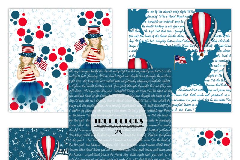 independence-day-paper-pack-fashion-illustration-planner-sticker-supplies-seamless-navy-blue-red-watercolor-background-girl-american-flag