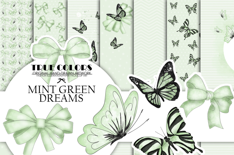 mint-green-dreams-baby-paper-pack-fashion-illustration-planner-sticker-supplies-seamless-green-black-butterfly-butterflies-ribbon-watercolor