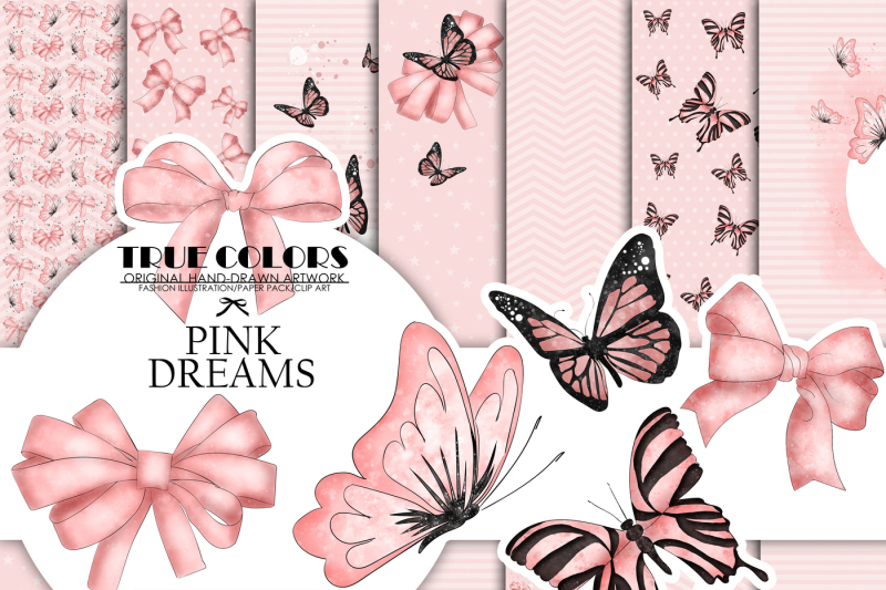 pink-dreams-baby-girl-paper-pack-fashion-illustration-planner-sticker-supplies-seamless-pink-black-butterfly-butterflies-ribbon-watercolor