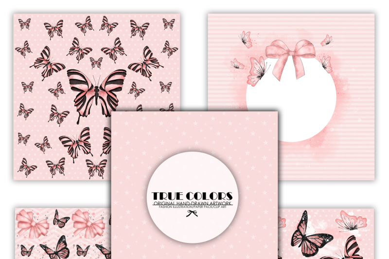 pink-dreams-baby-girl-paper-pack-fashion-illustration-planner-sticker-supplies-seamless-pink-black-butterfly-butterflies-ribbon-watercolor