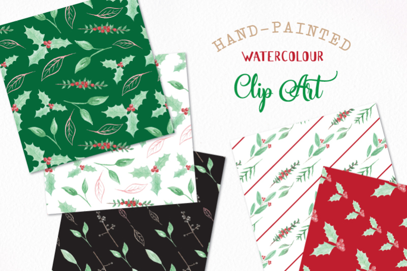 seamless-patterns-watercolor-christmas-festive-holidays-holly-prints
