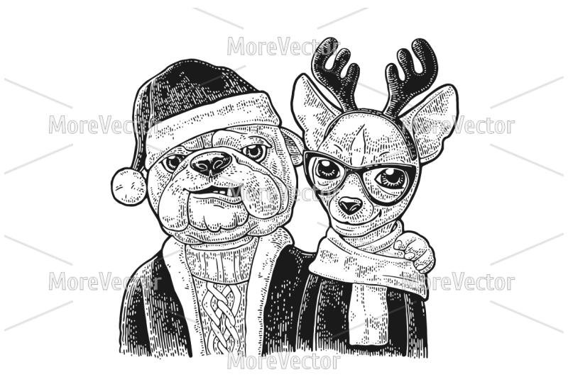 dog-santa-claus-in-hat-coat-sweater-hug-deer-with-glasses-scarf-horns-coat