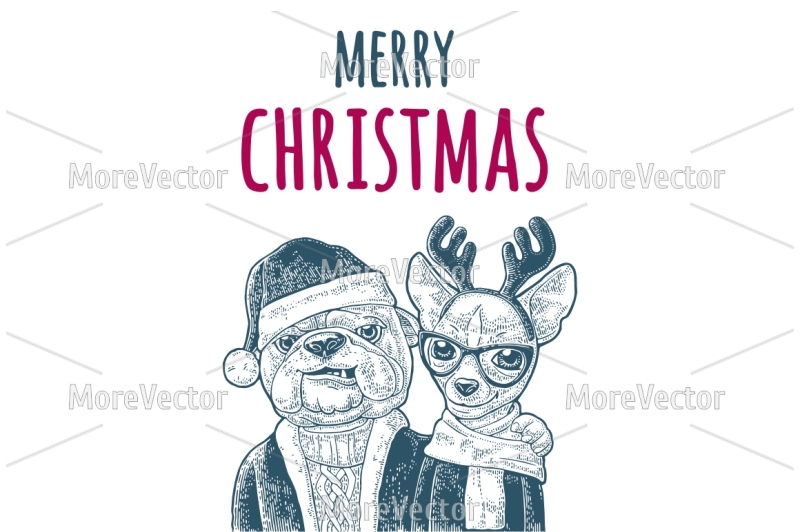 dog-santa-claus-in-hat-coat-sweater-hug-deer-with-glasses-scarf-horns-coat