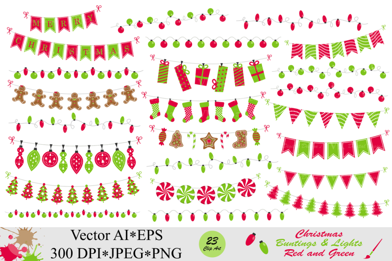 christmas-red-and-green-bunting-banners-and-string-lights-clipart-vector