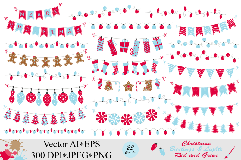 christmas-red-and-blue-bunting-banners-and-string-lights-clipart-vector