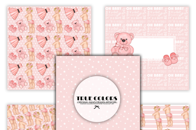 pink-dreams-baby-girl-paper-pack-fashion-illustration-planner-sticker-supplies-seamless-pink-teddy-bear-baby-shoes-princess-dress-ribbon