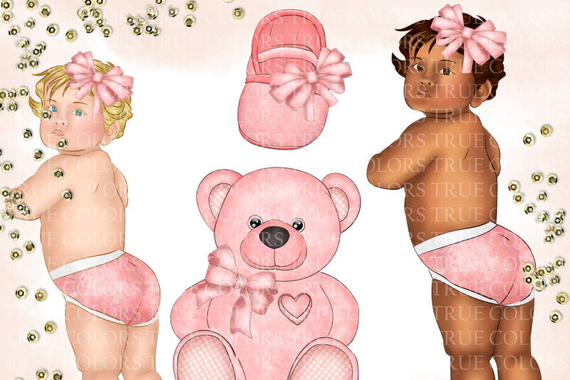 baby-girl-clipart-afroamerican-child-fashion-illustration-planner-stickers-supplies-black-beuty-pink-ribbons-soft-pink-dress-teddy-bear-diy