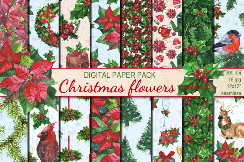 christmas-flowers-watercolor-seamless-patterns