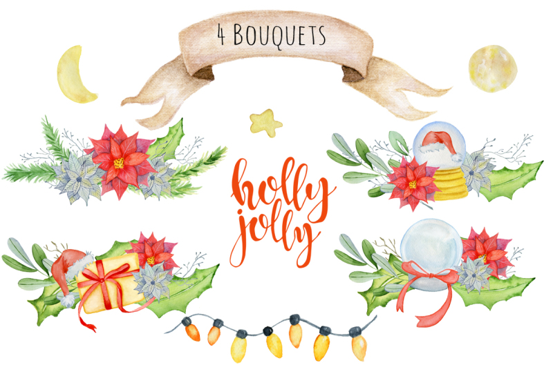 christmas-floral-watercolor-clipart-holly-jolly
