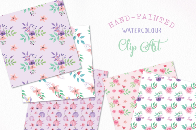 flourish-lavender-pink-digital-papers-watercolor-flowers-floral-seamless-patterns-png-files