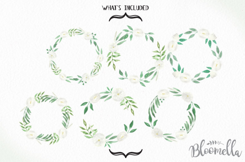 6-watercolour-wedding-white-floral-wreaths-clipart-instant-download-green-leaves-hand-painted-blooms-garlands-clip-art-pngs-digital-leaf
