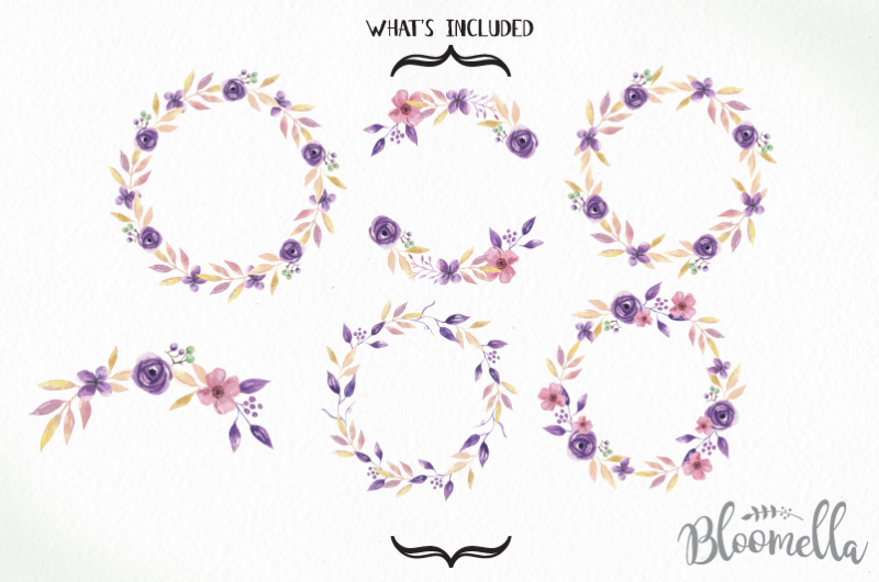 6-watercolour-floral-clipart-lilac-wreaths-and-arch-pretty-hand-painted-instant-download-pngs-purple-pink-flowers-leaves-digital-garlands