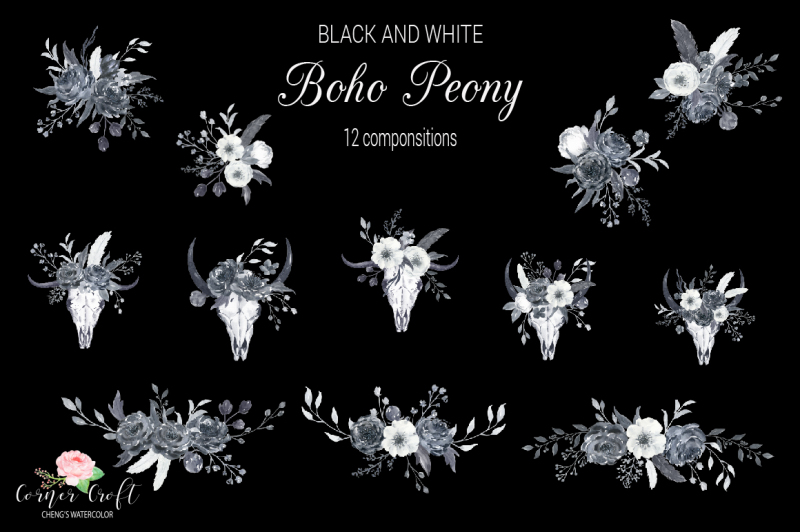 watercolor-boho-peony-black-and-white