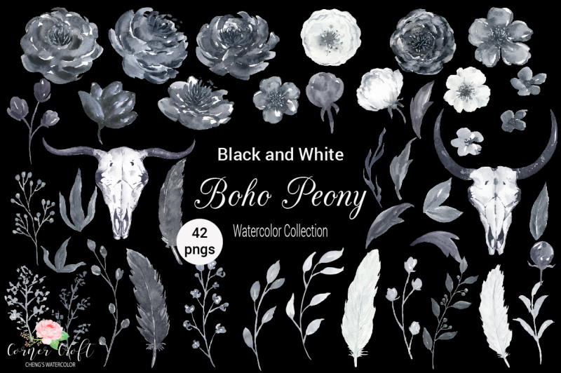 watercolor-boho-peony-black-and-white
