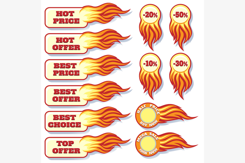 hot-price-and-offers-sale-flaming-badges-set