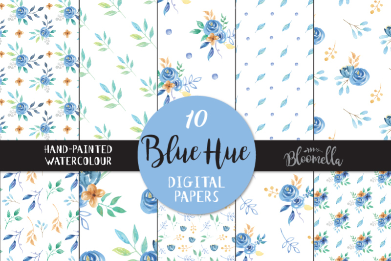 pretty-blue-hue-watercolor-hand-painted-seamless-digital-papers-navy-gold-leaves-flowers-png-files
