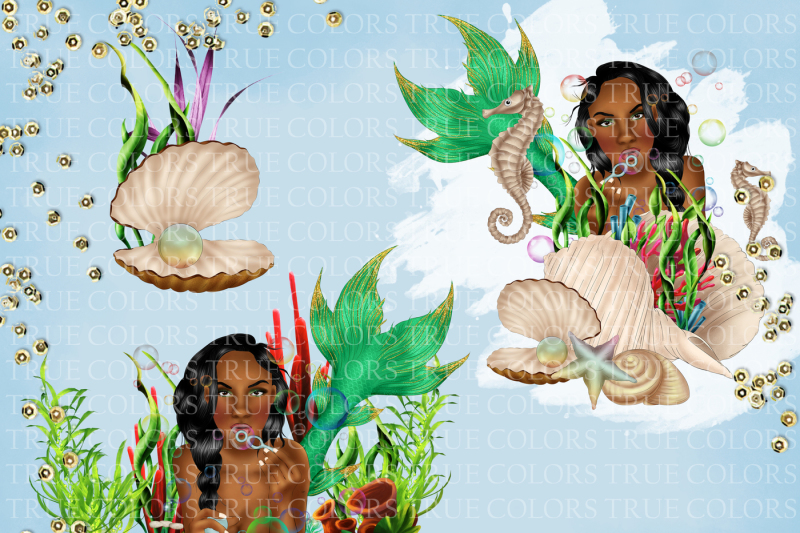 mermaid-clipart-afro-american-mermaid-clip-art-african-american-clip-art-seahorse-mussel-clip-art-seaweed-clipart-under-the-sea-clipart