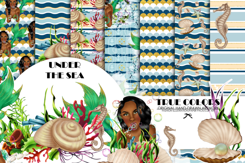 african-american-mermaid-digital-paper-black-beautiful-woman-paper-pack-under-the-sea-afro-american-mermaid-digital-paper-green-watercolor