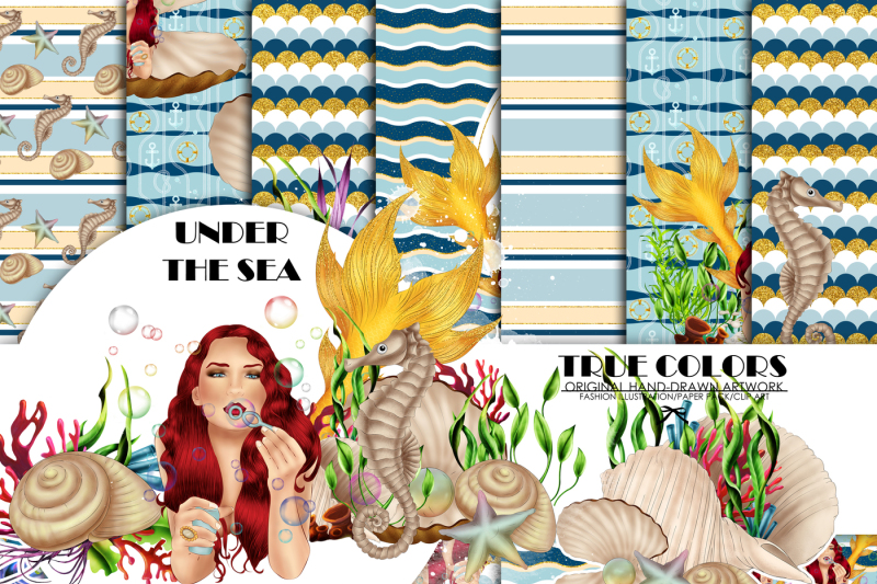 mermaid-digital-paper-pack-red-hair-woman-paper-pack-under-the-sea-digital-paper-blue-watercolor-paper-seahorse-mussel-pattern-periwinkle
