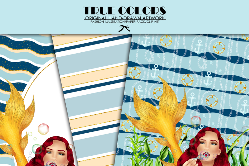 mermaid-digital-paper-pack-red-hair-woman-paper-pack-under-the-sea-digital-paper-blue-watercolor-paper-seahorse-mussel-pattern-periwinkle