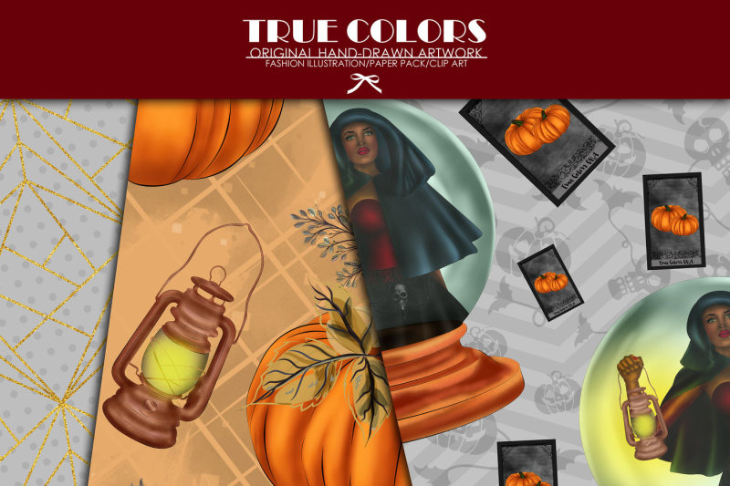 afro-american-witch-halloween-african-american-woman-halloween-digital-paper-black-beautiful-princess-witch-halloween-orange-paper-pack