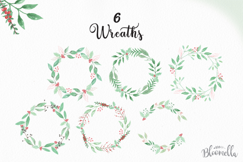 watercolor-christmas-package-62-hand-painted-pieces-wreaths-elements-bouquets-patterns-and-frames-merry-berry-pack