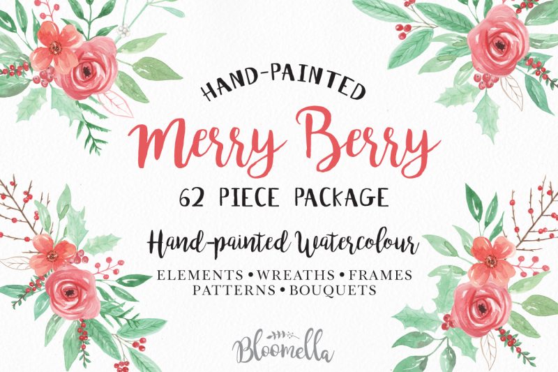 watercolor-christmas-package-62-hand-painted-pieces-wreaths-elements-bouquets-patterns-and-frames-merry-berry-pack