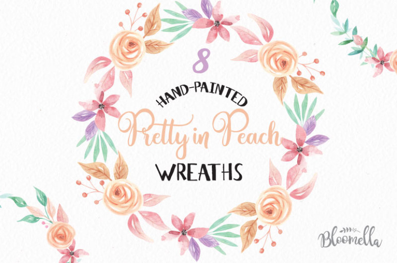 8-watercolor-flower-leaves-wreath-garland-pretty-peach-berries-foliage-clipart
