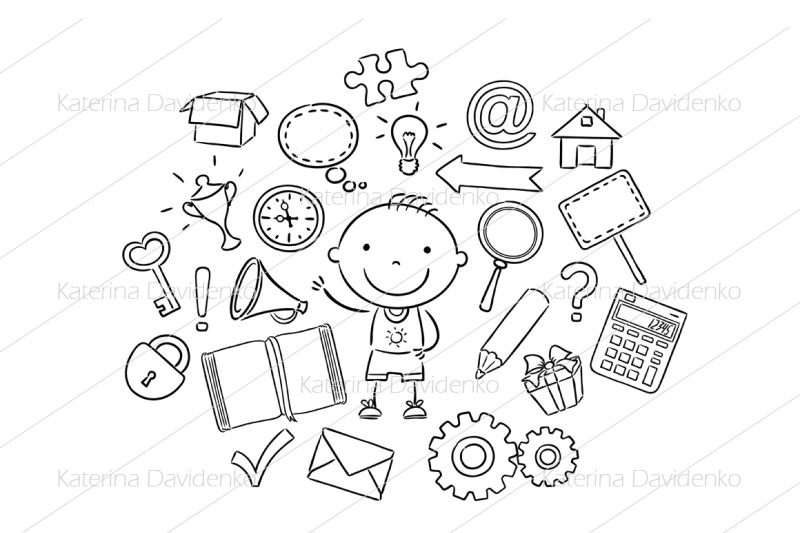 cartoon-child-with-different-objects-and-symbols