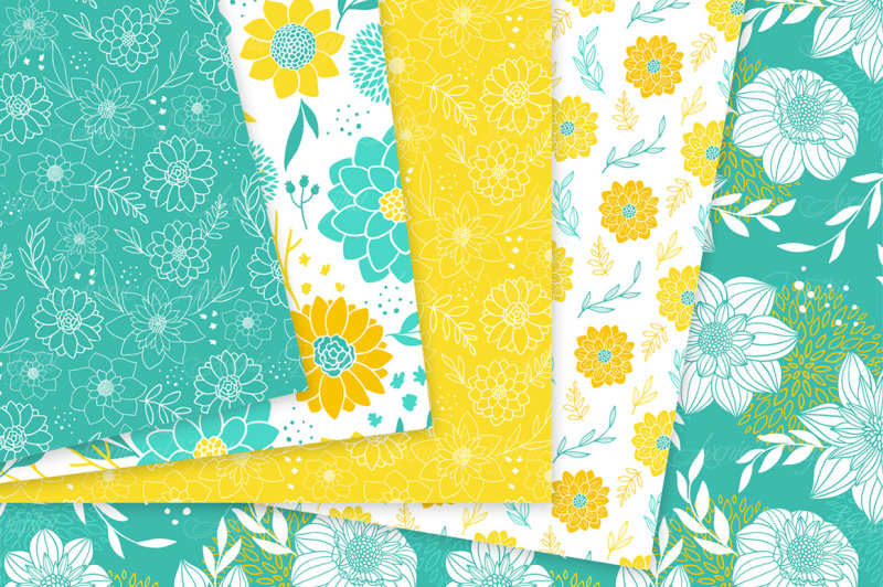 yellow-and-teal-floral-vector-patterns-and-digital-papers