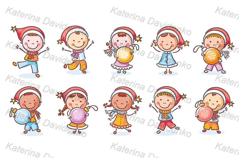 set-of-cartoon-kids-in-santa-hats-and-with-christmas-ornaments