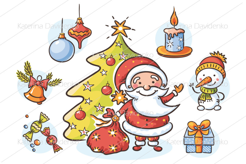 cartoon-set-with-santa-snowman-candle-present-christmas-tree-and-ornaments