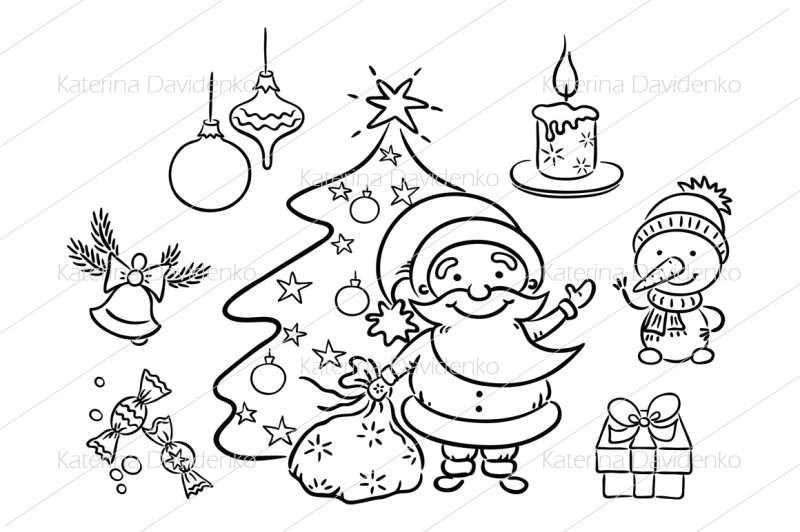 cartoon-set-with-santa-snowman-candle-present-christmas-tree-and-ornaments