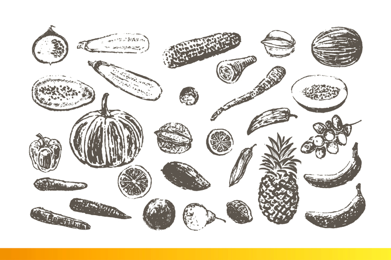 fruits-and-veggies-ink-drawings