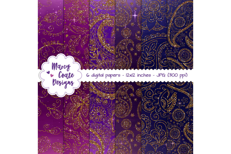 paisley-glitter-digital-papers-in-pink-purple-and-blue